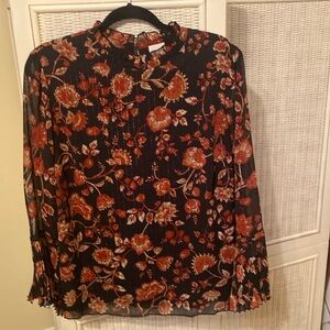 Chico’s blouse-sz 2-sheer, black with rust flowers, pleated sleeves.